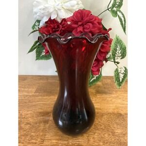 Vintage Ruby Red Ruffled Art Glass Vase –‎ Flared Crimped Edge Swirl Design